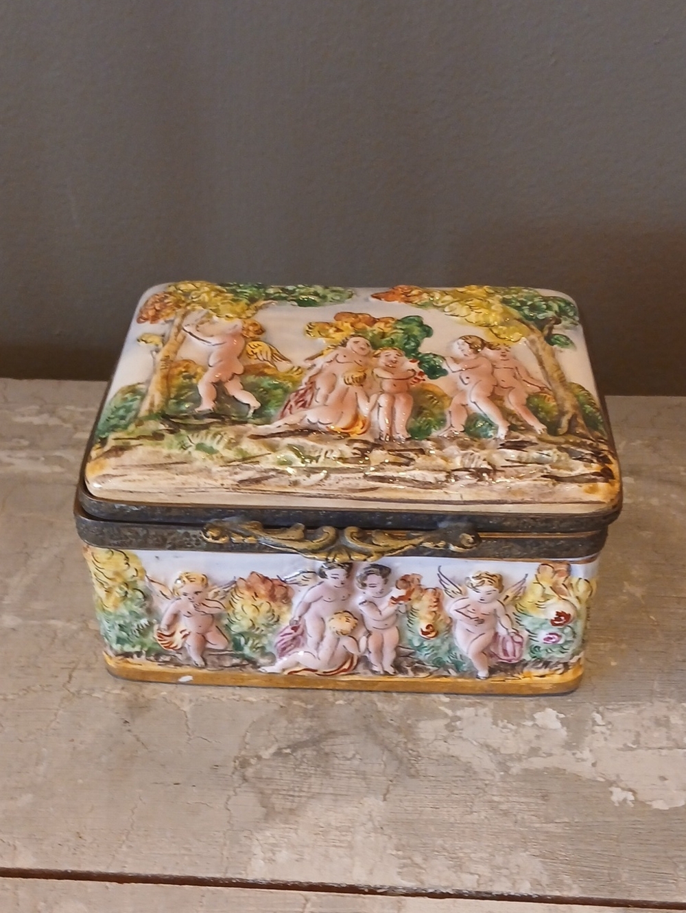 Vintage/Antique  Capodimonte Italian Porcelain Cherub Trinket Box - Hand-Painted